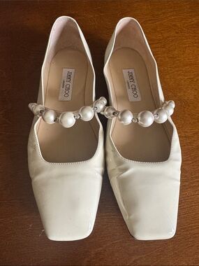 Jimmy Choo Cream Patent Leather Flats with Pearl Strap